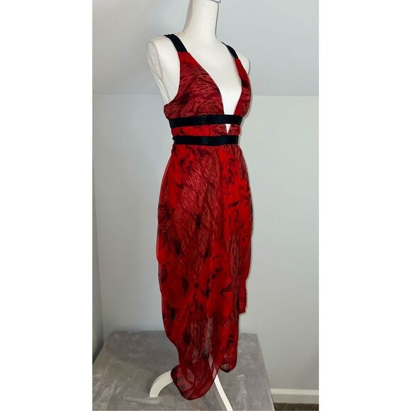 100% Silk Low Cut Red Gown Midi Dress Ruffle Hem Women’s XS - Picture 3 of 11